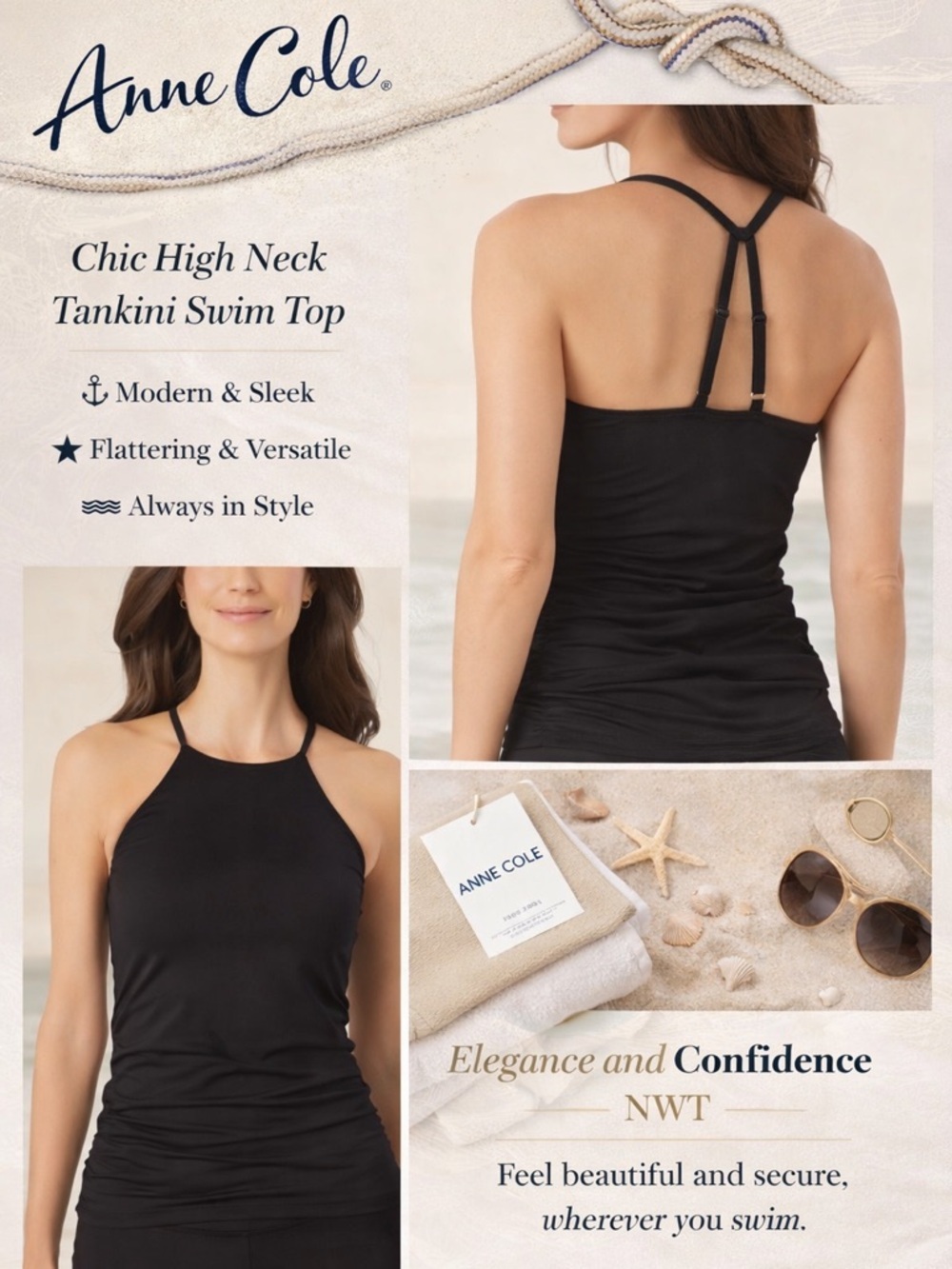 Anne Cole Black Strappy Back Tankini Top S NWT
